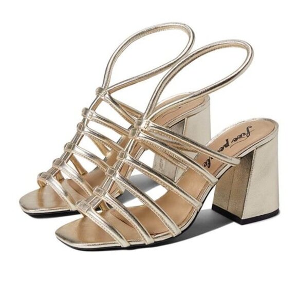 Free People Colette Cinched Gold Preppy Block Strappy‎ Heel Size 37 (6.5) - Picture 2 of 6